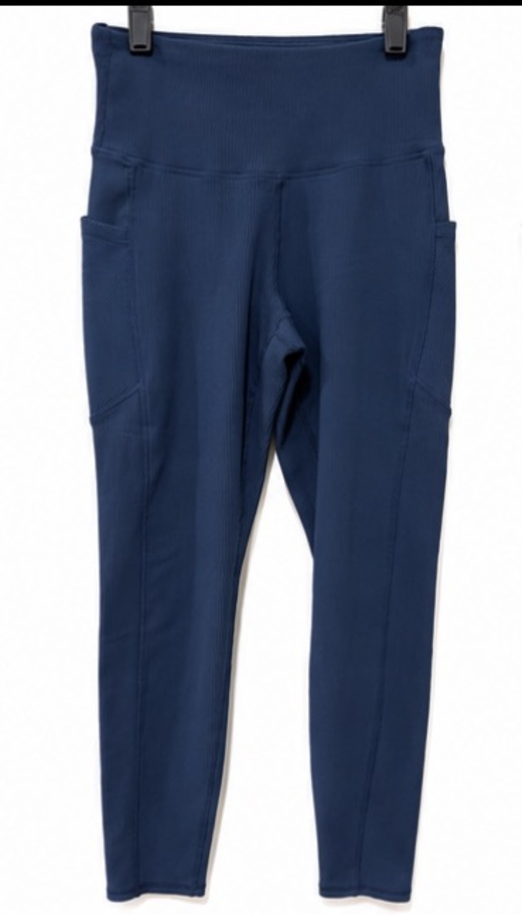 Women's Navy Blue High Rise Ribbed Leggings Size M Pockets Athletic Yoga Pants